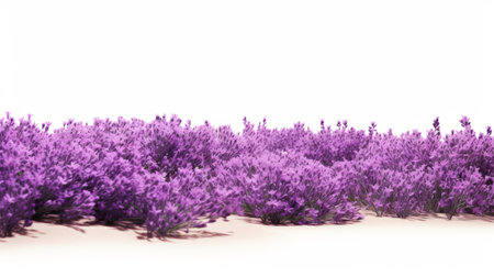 a lavender field on the edge of the desert, captured in a realistic hyper-detailed rendering. the image features a white background and is presented in 32k uhd resolution. the floral motifs are brought to life with vibrant use of light and shadow, creating a minimalist yet sculpted composition. ai generatedの素材