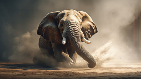 an elephant, captured in a photorealistic portraiture style, is depicted running amidst a swirling duststorm. the artwork showcases a realistic portrayal of light and shadow, reminiscent of the works of wojciech siudmak. the fluid motion and movement of the elephant are emphasized, creating a sense of energy and dynamism. the wide angle lens used in the composition adds depth and perspective, while elements of precisionistの素材