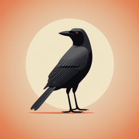 a black bird perched on a circular background, featuring a flat illustration style with highly detailed and minimally retouched elements. the color palette consists of dark red and light orange, reminiscent of necronomicon illustrations. the artwork showcases the influence of mike judge and skillfully captures a realistic portrayal of light and shadow. ai generatedの素材