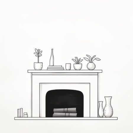 a black and white drawing of a minimalistic composition featuring furniture, a fireplace, and a book. the flat backgrounds and quirky pottery add to the minimalist detail of the hand-drawn animation. the highly detailed foliage enhances the minimalist purity of the overall design. ai generatedの素材