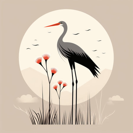 a bird stands on the grass under the moon, surrounded by exotic flora and fauna. the illustration, in the style of dark gray and light beige, exudes a calm and serene beauty. the artwork by kuang hong features harmonious compositions with flower and nature motifs, creating a romantic and enchanting atmosphere. ai generatedの素材