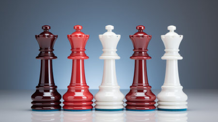the chess piece is a black and white chess piece with blue, white, and red accents. it is designed in the style of dark orange and magenta, inspired by the artwork of abbott fuller graves. the colorization adds a touch of precisionist lines to the piece. the combination of light indigo and crimson creates an intriguing visual contrast. the design raises ethical concerns and incorporatesの素材