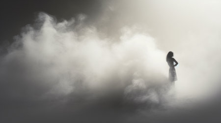 a girl stands in slowed motion, surrounded by atmospheric clouds, in an isolated image reminiscent of mist. this uhd image captures the ethereal beauty of the scene, with a smokey background adding to the captivating ambiance. the style of the photograph is reminiscent of artists like michal karcz and pierre pellegrini, making it a truly mesmerizing composition. ai generatedの素材