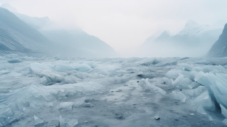 a large group of ice fills the river, creating a captivating scene reminiscent of layered and atmospheric landscapes. captured with an olympus xa2 and fujifilm x-t4, the hazy atmosphere adds to the ethereal and otherworldly atmosphere, enhancing the moody and atmospheric feel of the mountainous vistas. ai generatedの素材