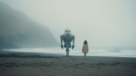 a s.a.m. robot stands on a beach, mist swirling around it, with majestic mountains in the background. the image, inspired by laura makabresku's style, features fluffy, foreboding colors and a soft focus. the ethereal light adds to the dreamy atmosphere. the robot's emotionally complex, pensive poses are captured in soft and dreamy, realist portraiture, creating a captivating and cinematic effect. ai generatedの素材