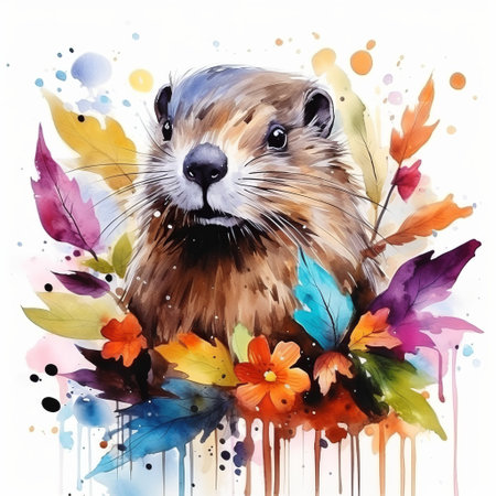 a cute skunk stands out against a white background, surrounded by vibrant leaves in various colors. this artwork, inspired by the styles of joram roukes, amber, and david mould, showcases precision painting techniques. the artist's use of vibrant watercolor landscapes, reminiscent of hugues merle, adds depth and texture to the piece. ai generatedの素材