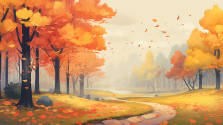 autumn trees in a forest path, depicted in a vibrant and animated style. the painting showcases a range of light orange and orange hues, reminiscent of romantic riverscapes. created by the talented artist loish, this 2d game art captures the breathtaking beauty of nature during the autumn season. ai generatedの素材