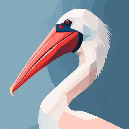 a white bird in a low poly style is depicted against a vibrant blue background, reminiscent of colorful moebius artwork. the portraiture iconography showcases realistic detailing, inspired by santiago calatrava's architectural designs. this detailed character illustration combines light red and dark navy hues, complemented by touches of beige. ai generatedの素材