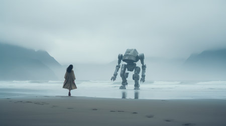 wall-e, the beloved robot character, is captured in a pensive pose as he walks along a misty beach with majestic mountains in the background. the image, inspired by laura makabresku's style, features fluffy and foreboding colors, soft focus, and ethereal light. with a dreamy and soft ambiance, this realist portraiture showcases wall-e in a movie still-like quality, creating an emotionally complex and captivating scene. aiの素材