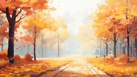 abstract fall trees and road in a vibrant autumn wallpaper. this abstract artwork captures the essence of the season with its colorful depiction of fall leaves and a winding road. the style resembles a speedpainting, featuring light orange and light gray tones. created by talented artists such as andreas rocha, atey ghailan, and lilia alvarado, this hazy and captivating piece is perfect for autumn-themed wallpapers.の素材