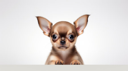 a chihuahua dog with a beautiful coat sits on a white table, gazing out with curiosity. the photo, inspired by the style of lois greenfield, features cartoon-like characters and a matte finish. the composition, created by alexander fedosav, showcases a color palette of brown and beige. the image is symmetrical and captures a soft-focus technique. ai generatedの素材