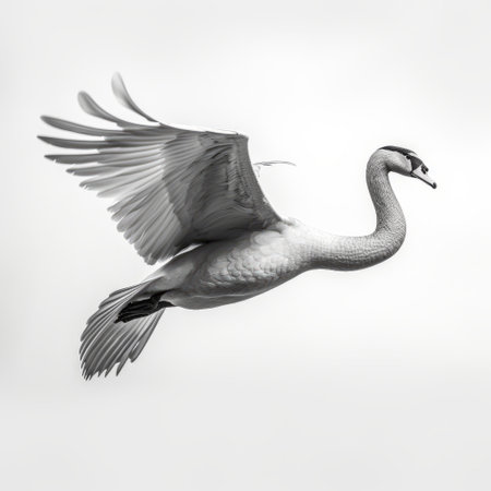 white swan gracefully soaring through the air against a contrasting white and black backdrop. this stunning photograph, reminiscent of the iconic graflex speed graphic style, captures the essence of monochromatic symmetry. created by the talented artist vicente romero redondo, the swan stands out against the white background, giving it a pseudo-infrared effect. the image exudes a sense of balance and symmetry, beautifully presented in aの素材