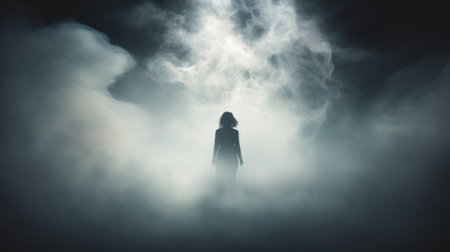 a woman's face emerges from the background, shrouded in a dark haze and stormy clouds. the ethereal style of the image captures the essence of ghostly figures, with silhouette lighting and mist-like elements. the dreamlike installation showcases large-scale photography, creating a supernatural realism within the ethereal cloudscapes. ai generatedの素材