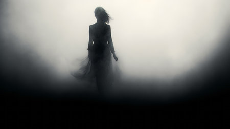 the witch in this hd photo is surrounded by mist, creating an ethereal and dreamlike atmosphere. the black and white image, in the style of ethereal minimalism, captures the shadowy stillness and blurred beauty. with elements of figura serpentinata, this photo by petrina hicks is reminiscent of the captivating work of jeremy mann. the backlight adds an enchanting touch to this fantasy-inspired scene. ai generatedの素材