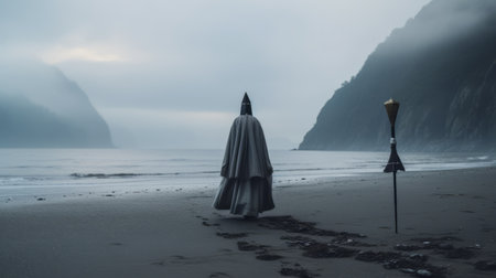 a bishop walks on the beach, mist swirling around him, as majestic mountains loom in the background. the ethereal light casts a soft, dreamy glow on the scene. the image, inspired by laura makabresku's style, features fluffy, foreboding colors and a soft focus. the pensive poses of the robot evoke emotional complexity, while the realist portraiture adds a touch of dreaminess. a captivating vignette orの素材
