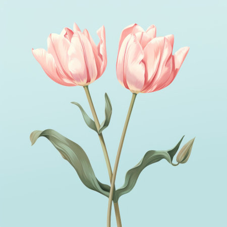 two tulips gracefully stand out against a soft pink backdrop in this hand-drawn illustration. inspired by classic japanese simplicity and thai art, the composition showcases contrasting values with a light aquamarine and gold color palette. the historical illustration style adds a touch of elegance to this nature-inspired artwork. ai generatedの素材