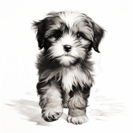 a black and white photorealistic drawing of a puppy, showcasing detailed character illustrations and colorful ink wash paintings. the trace monotone technique adds a touch of high resolution to this stunning illustration, reminiscent of persian miniature art. ai generatedの素材