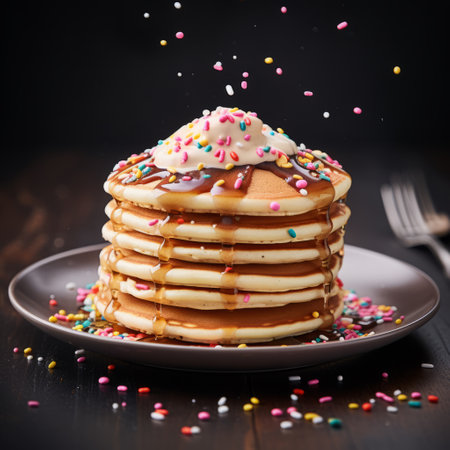 a wooden surface serves as the backdrop for a stack of pancakes, showcasing a unique blend of homosexual themes, sparklecore, weathercore, candycore, and disturbingly whimsical elements. the pancakes appear to be melting, forming intriguing piles and stacks that add to the overall visual appeal. ai generatedの素材