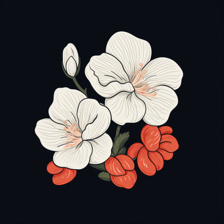 a minimalist logo featuring a begonia and an  symbol in arctic white, designed in a clean vector style. the logo is showcased on a sleek black background, creating a striking contrast. ai generatedの素材