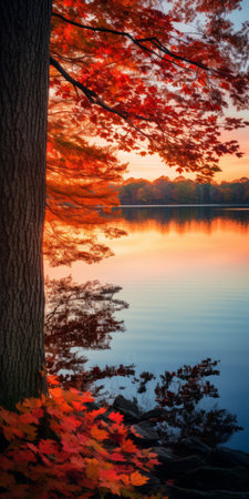 a serene lake surrounded by vibrant boxwood leaves in shades of red, orange, and yellow. the still waters reflect the colorful foliage, creating a peaceful and tranquil atmosphere. this hyper-realistic image captures warm colors, dynamic lighting, and a sense of solitude. perfect for a phone wallpaper, the vertical composition showcases intricate details in high-resolution 16k. ai generatedの素材