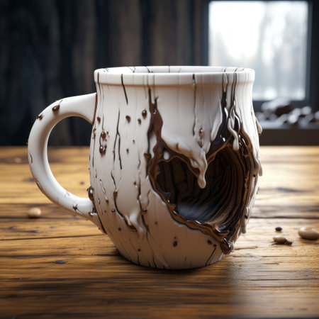 the unique mug design showcases super realistic details with a 3d effect, created using c4d software. the mug is presented against a clean white background, enhancing its visual appeal. the high-resolution 4k image captures the real material used in crafting the mug, making it a standout choice for coffee or tea lovers. ai generatedの素材