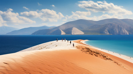 a breathtaking view of the vardousia mountain in greece, showcasing a majestic dune formation. in the foreground, a group of snorkeling guides, reminiscent of national geographic explorers, adds a sense of adventure and discovery to the scene. ai generatedの素材