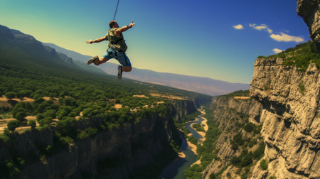 a breathtaking view of the vardousia greek mountain serves as the backdrop for a group of adventurous bungee jumping guides. this national geographic-style photo captures the serene beauty of the oasis while showcasing the thrill-seeking spirit of the guides. ai generatedの素材