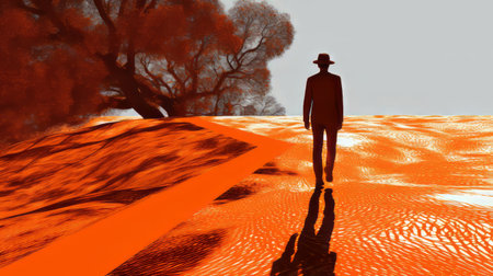 a photo of michael strolling on a vibrant red road, captured using a pentax 645n camera. the image showcases a spatial experiment with luminous shadowing, employing a thermal camera to create a unique effect. the monumental scale of the scene is enhanced by the pointillism technique, resulting in a captivating composition dominated by white and orange hues. ai generatedの素材