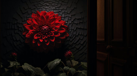 the black dahlia, a haunting figure, stands in a dimly lit room, her face concealed from view. this abstract and eerie image captures the essence of mystery and fear. ai generatedの素材