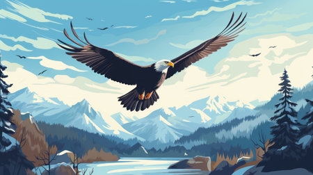 an illustration of a majestic eagle, depicted in a flat style, soaring gracefully against the backdrop of a serene snow-capped wetland. the eagle's powerful wingspan and sharp gaze are beautifully captured, showcasing its strength and resilience in its natural habitat. ai generatedの素材