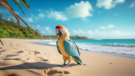 a parrot stands near the water's edge on a sandy beach, its feathers ruffled by the gentle sea breeze. this soft focus photograph captures the grace and beauty of the parrot in high resolution, showcasing the vibrant colors of its plumage. the artistic style of expressionism adds depth and emotion to the image. ai generatedの素材