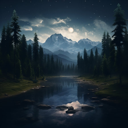 nanga parbat landscape at night with pine trees, lake, and river reflecting warm, dark tones of hazy sky. black background. ai generatedの素材