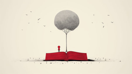 whimsical minimalist storybook illustration in the style of shel silverstein featuring a colorful landscape with a tree, a child, and various animals. ai generatedの素材