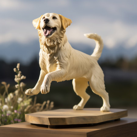 a lifelike 3d image of a happy golden retriever, a small energetic breed, leaping mid-air with its tongue out and tail wagging. the owners, kneeling on a sandy beach, throw a frisbee for the dog to catch. the dog effortlessly catches the frisbee with a playful expression, while the owners smile and laugh, radiating joy and love. the scene is set against a picturesque sunset,の素材