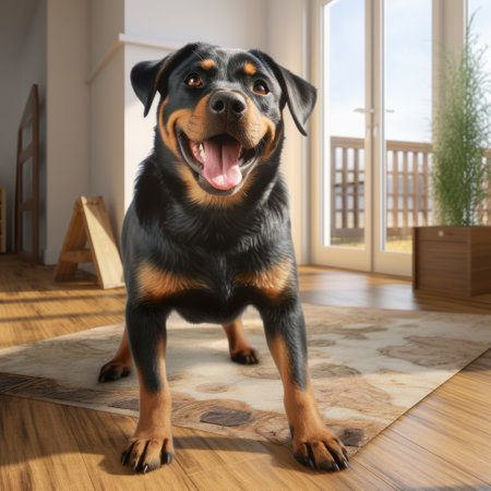 lifelike 3d image of a happy rottweiler playing with owners on a sandy beach at sunset. the energetic dog, resembling a jack russell terrier, leaps mid-air, tongue out, and tail wagging. owners smile and laugh while throwing a frisbee for the dog to catch. meticulously detailed fur, soft and fluffy. rendered in realistic lighting, capturing the joy and love between the owners and their furryの素材