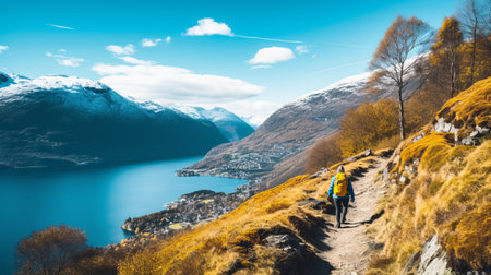 a breathtaking fjord hiking trail captured in an award-winning photograph. the image showcases the stunning landscape with vibrant colors of yellow, blue, pink, and black. the strong shadows and golden light add a touch of drama to the scene. this high-quality, high-detail illustration is reminiscent of the poetic and pastel style of poetcore. shot with a zoom lens and inspired by the works of anselの素材
