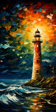 a captivating digital art piece featuring a coastal landscape with a lighthouse, combining paper art, paper quilling, and oil painting techniques. inspired by the styles of beksinski, leonid afremov, and yaacov agam, this artwork showcases a starry night sky, mystical patterns, and a truly unique composition. ai generatedの素材