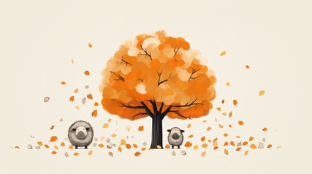 a whimsical doodle-style illustration featuring a playful sheep sitting under a tree adorned with autumn leaves in shades of oranges and yellows. the cartoon-like sheep exudes a playful expression, while the light cream background and ample white space add to the overall charm of the image. ai generatedの素材