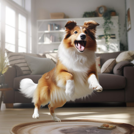 a lifelike 3d image of a happy shetland sheepdog, a small and energetic breed, leaping in mid-air with its tongue out and tail wagging. the dog's soft and fluffy fur is rendered in meticulous detail. the owners, kneeling on a sandy beach, are throwing a frisbee for the dog to catch. the moment captured shows the dog effortlessly catching the frisbee with a playful expression,の素材