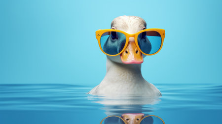 a duck wearing sunglasses stands confidently on a vibrant blue background, exuding a retro glamor vibe. the soft lighting adds an innovative touch to this unique photo. ai generatedの素材