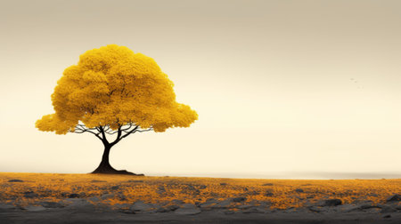 a minimalist landscape featuring a solitary tree at the center, representing the pursuit of academic success. the tree stands tall, showcasing its achievements through its size or fruits. adjacent to the tree lies a pile of gold or a symbol of scholarly accomplishment. despite its success, the tree stands alone in an empty landscape, symbolizing the potential loneliness that may accompany wealth and achievement. aiの素材