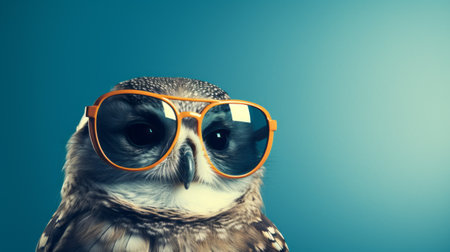 an owl wearing sunglasses stands confidently on a vibrant blue background, exuding a retro glamor vibe. the soft lighting enhances its innovative style, creating a captivating and unique image. ai generatedの素材