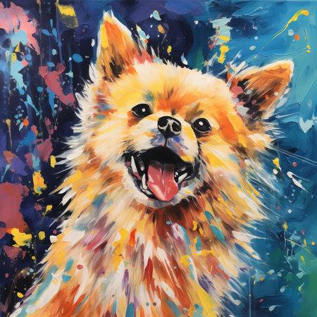 a pomeranian dog, in the style of neo-expressionism, gazes upwards with curiosity. the artwork features unconventional poses, pulled, scraped, and scratched textures, twisted characters, spiky mounds, and a soggy feel reminiscent of the 1970s. ai generatedの素材