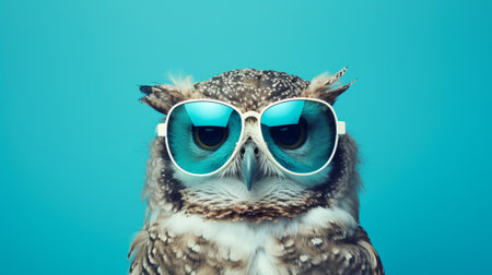 an owl wearing sunglasses stands confidently on a vibrant blue background, exuding a retro glamor vibe. the soft lighting adds an innovative touch to this captivating image. ai generatedの素材
