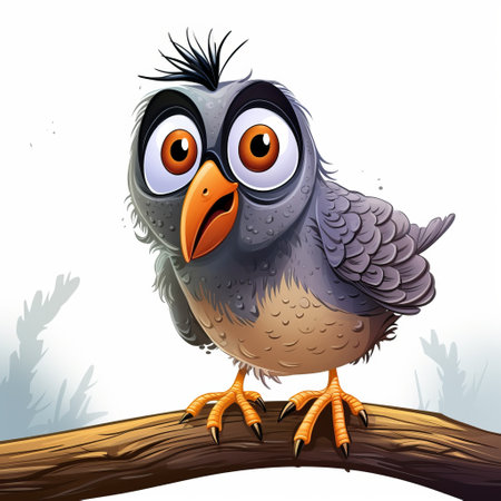 crazy quail character illustration perched on a branch, depicted in a cartoon style with a humorous and caricatured appearance. ai generatedの素材