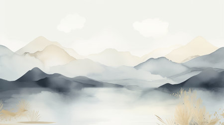 a serene and peaceful savanna landscape with a lake, mountains, and water. the image features a color scheme of white, light gray, blue, and gold, creating a bright hazy effect with a touch of gold for an ethereal gothic feel. translucent layers are incorporated to enhance the serene atmosphere. the scottish landscape is depicted using brunel primer and light indigo, while acrylic brushes ensure aの素材