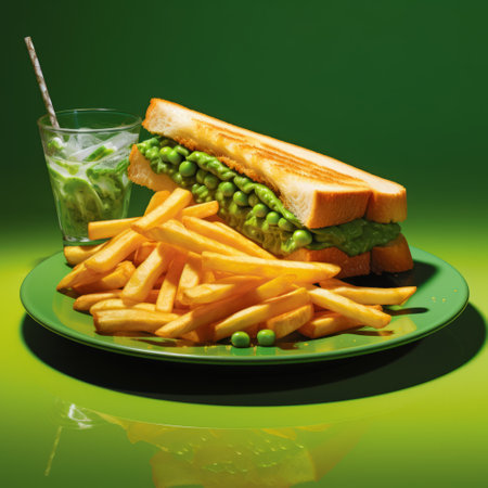 a hyper-realistic rendering showcases a mouthwatering plate of sandwich and chips, accompanied by a delectable side of mushy peas. this visually stunning image captures the intricate details of the food, making it almost indistinguishable from a real-life meal. the sandwich, chips, and mushy peas are expertly crafted, enticing viewers with their vibrant colors and tempting textures. ai generatedの素材