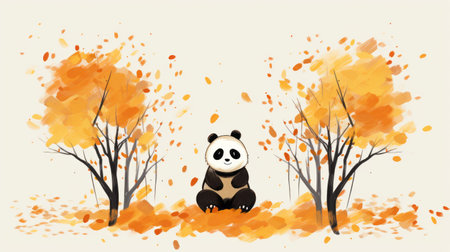 a doodle-style illustration featuring a cartoon panda sitting under a tree with autumn leaves. the panda has a playful expression while the tree's leaves are in shades of oranges and yellows. the scene is set against a light cream background, creating a captivating and whimsical image. ai generatedの素材