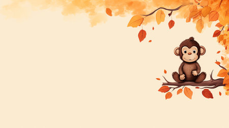 a playful monkey sits beneath a tree adorned with autumn leaves in this captivating doodle-style illustration. the cartoon-like monkey exudes a playful expression while the tree's leaves showcase shades of oranges and yellows. against a light cream background, the scene offers a delightful touch of simplicity and ample white space. ai generatedの素材