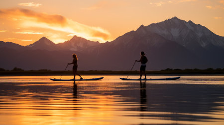 a breathtaking mountain landscape featuring a couple paddle-boarding in the foreground. the wide shot captures the cinematic beauty of the valley desert in the background. silhouettes of the couple stand out against the sky, with their reflection visible in the water. shot with a phase one camera or canon eos for exceptional quality, the image showcases stunning light with amber and blue hues, enhancing itsの素材